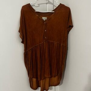 Wonderly Brown Half Button Short Sleeve Blouse